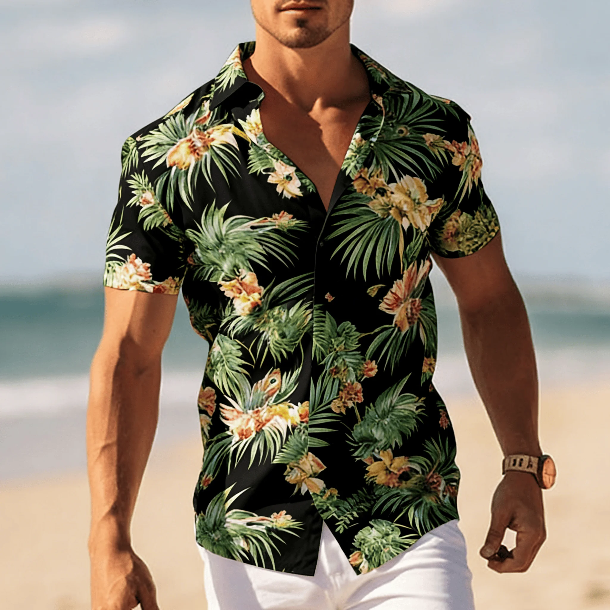 2026 Men's Tropical Floral Printed Short Sleeved Shirt, Cool Summer Vacation Casual Top with Seaside Style