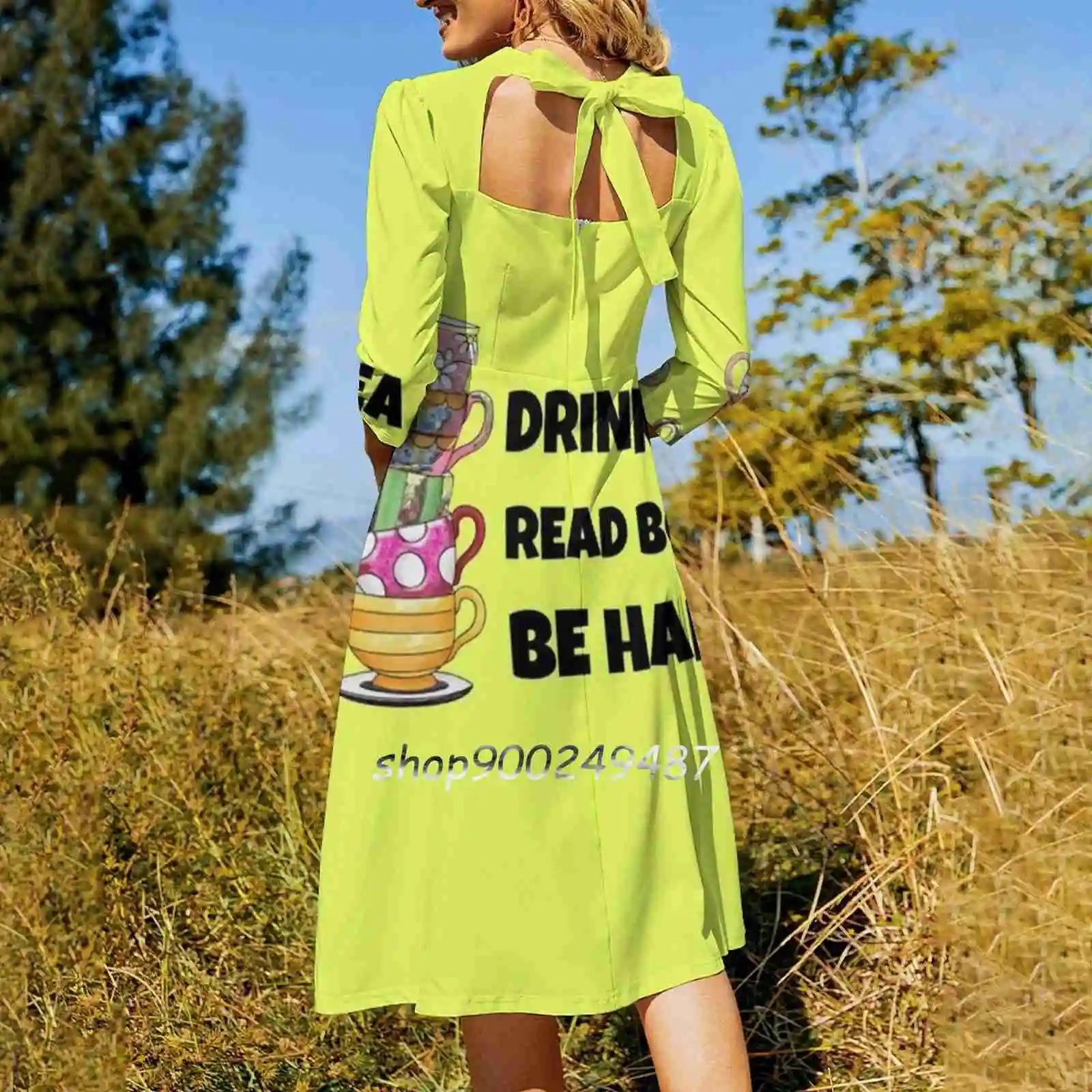 Drink Tea Read Books Be Happy Sweetheart Knot Flared Dress Fashion Design Large Size Loose Dress Drink Tea Read Books Be Happy