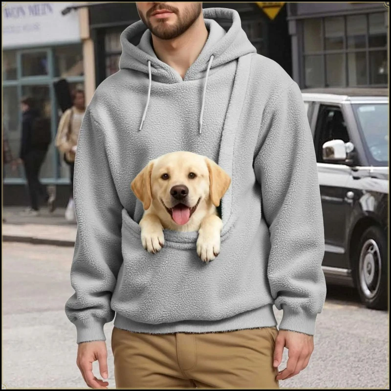 Hot Selling Unisex Pullover Hoodie with Pet Holding Pocket Warm Fleece Sweatshirt for Cat Dog Owners