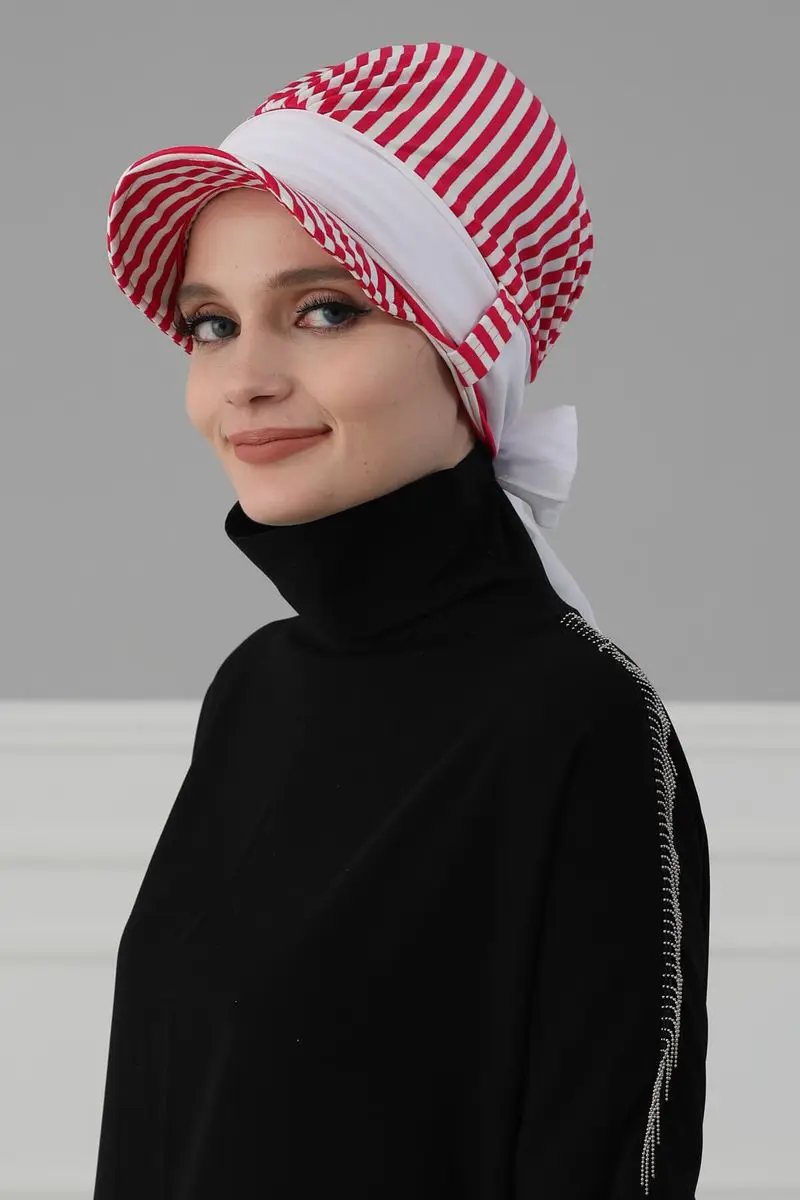 Chiffon Belted Hoed Gestreepte Bone Fuchsia