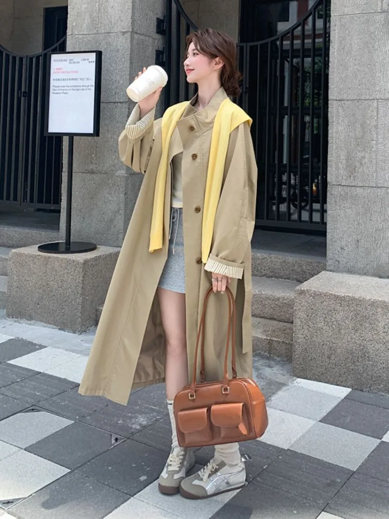 2026 Autumn Female Khaki Stand-up Collar Silhouette Trench Coat Women's High-end British Style Loose Medium and Long Casual Coat
