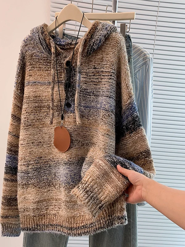 

Thiened смешанная пряжа f-Unbuttoned полосатый свитер с капюшоном женский повседневный свободный крой длинный свек осень-зима новинка