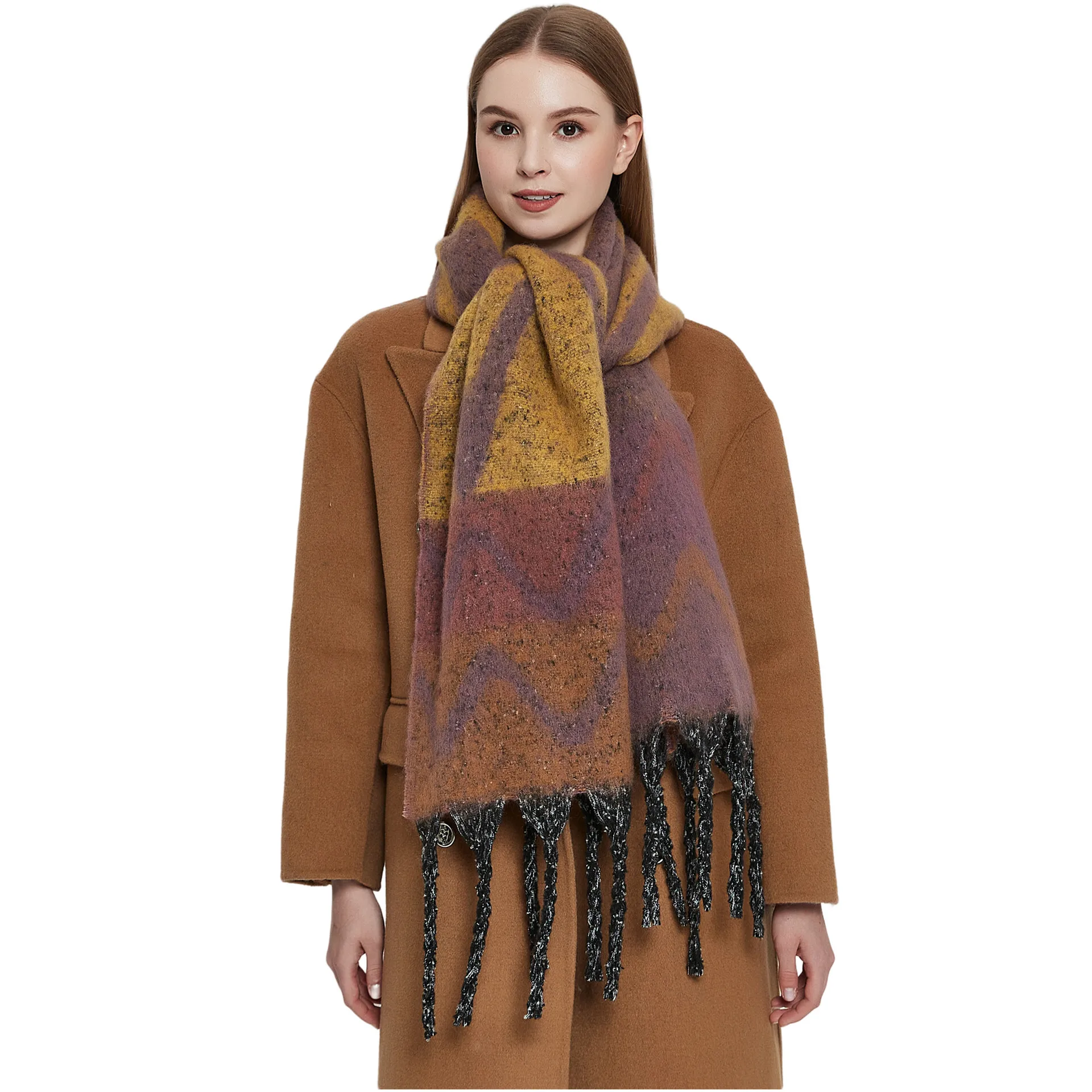 

New Women Thick Beaded Shawl, Autumn Winter Circle Yarn, Thickened Wave Pattern Jacquard Thick Tassel Scarf