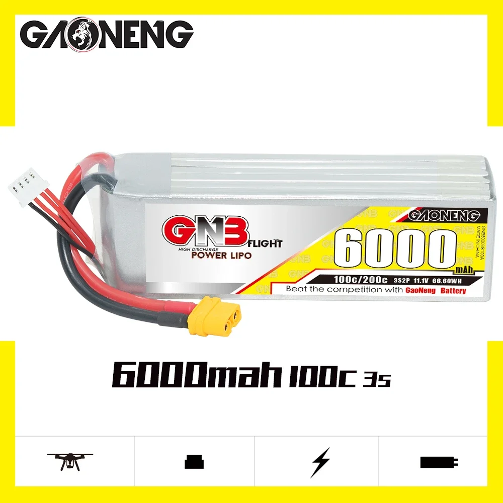 GAONENG GNB 3S2P 11.1V 6000mAh 100C lithiumbatterij met XT30-stekker, geschikt voor FPV-drones, quadcopters en afstandsbedieningsauto's