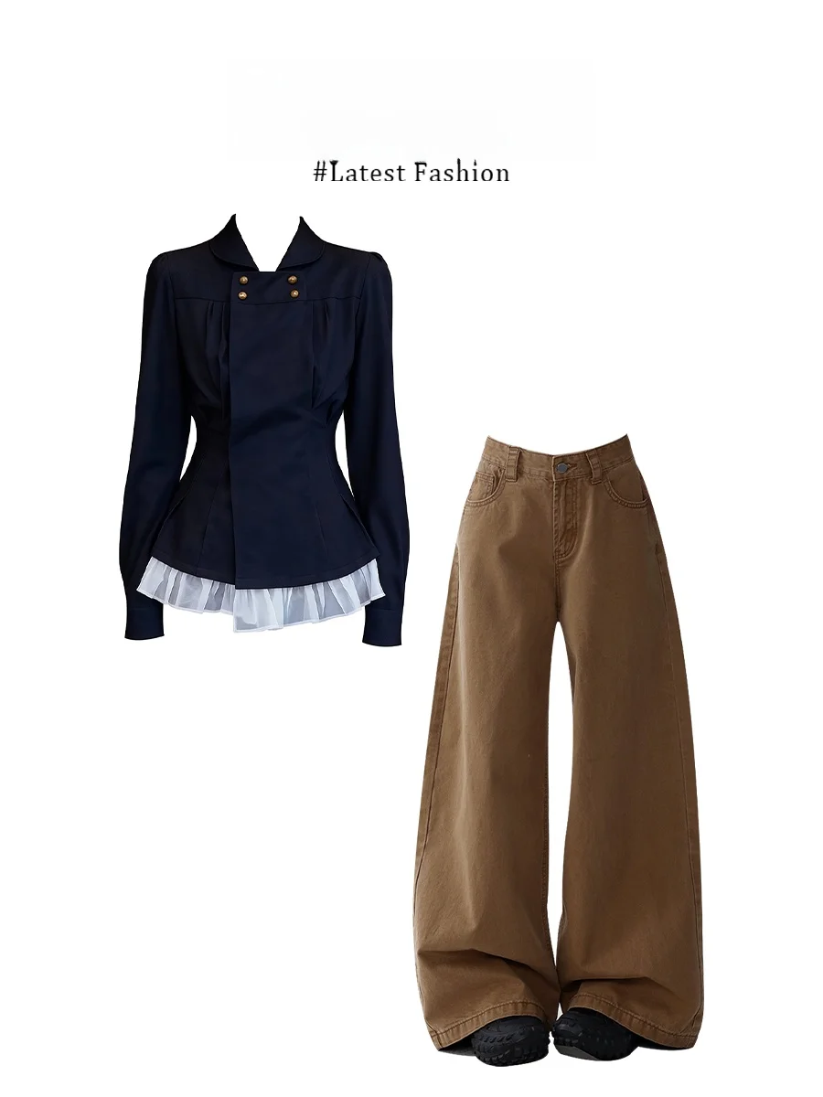 

Корейский комплект Parkyeon: свободная повседневная рубашка с длинным рукавом, оборками по низу и лоскутным дизайном, а также утягивающие брюки и топ.