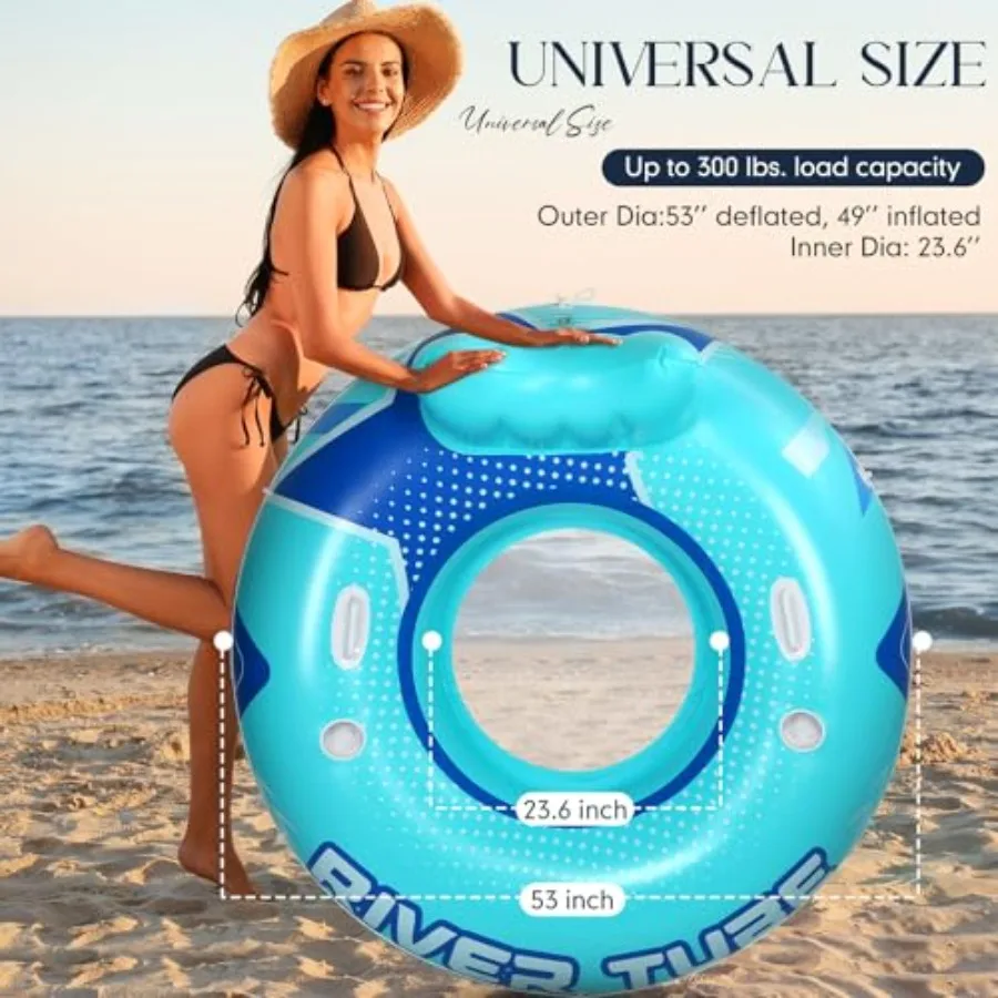 River tubing: heavy duty inflatable blue river tube float, 53, mesh bottom backrest, 2 cup holders, handles, 300lb capacity