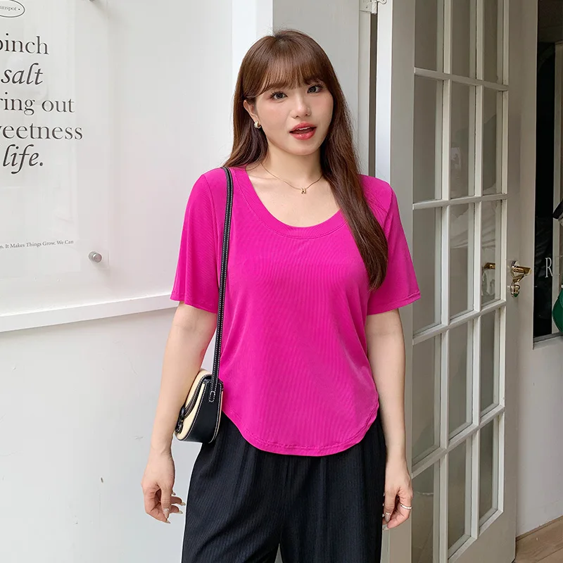 Plus size,eIce Silk Short T-shirt Summer 200kg Fat mm Shoulder Fashion Slim Covering Belly Knitted Shirt 3391