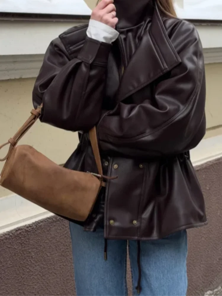 

Brown Double Layer Collar Women's Jacket Vintage Waist Drawstring Zipper Loose Leather Coat 2026 Spring New High Street Outwears