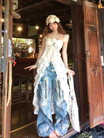 American Vintage Lace Strap Vest Women Summer Sleeveless T-shirts 2000s Retro Clothing Harajuku Korean Tees Design Y2k Crop Top