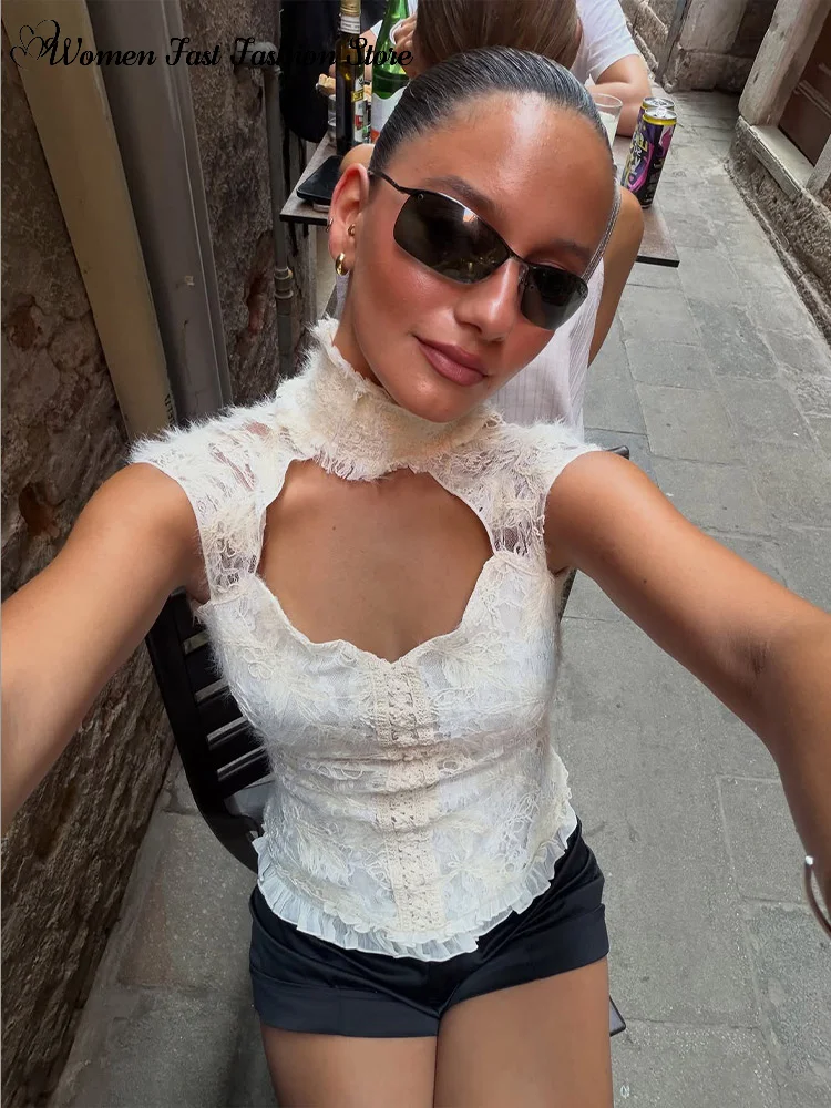 Chic Lace Jacquard Tank Tops Women's Sexy Hollow-out Backless Stand Collar Sleeveless Vest 2026 Autumn New Lady Solid Streetwear