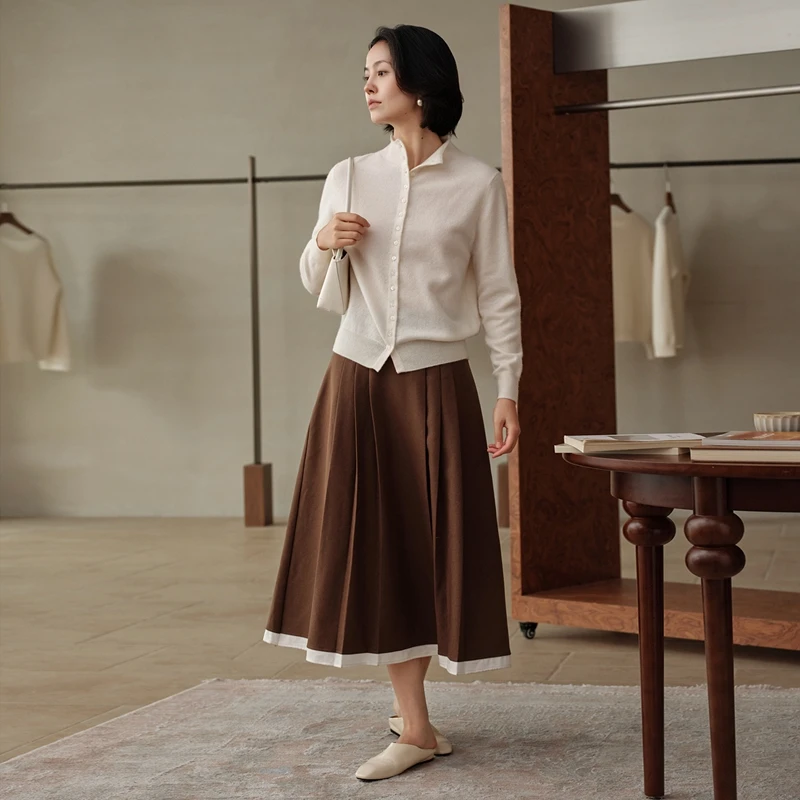 

Женский кашемировый кардиган с небольшим воротником-стойкой и длинными рукавами, осень-зима, 100% кашемировый вязаный свитер, удобный роскошный базовый топ