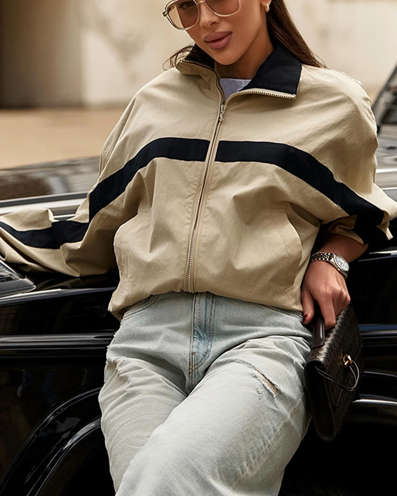 Women's Jacket 2026 New Autumn Winter Long Sleeve Stand Collar Color-Block Zip Jacket Casaul Chic Women Outerwear