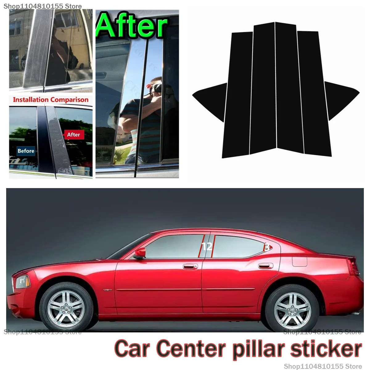 

For Dodge 2005-2023 Racing Horse Dodge Charger Window Trim Strip Side Door Window Bright Black Center Column Sticker