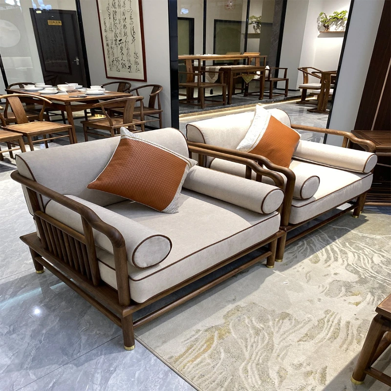 

Black walnut sofa combination villa living room simple solid wood furniture