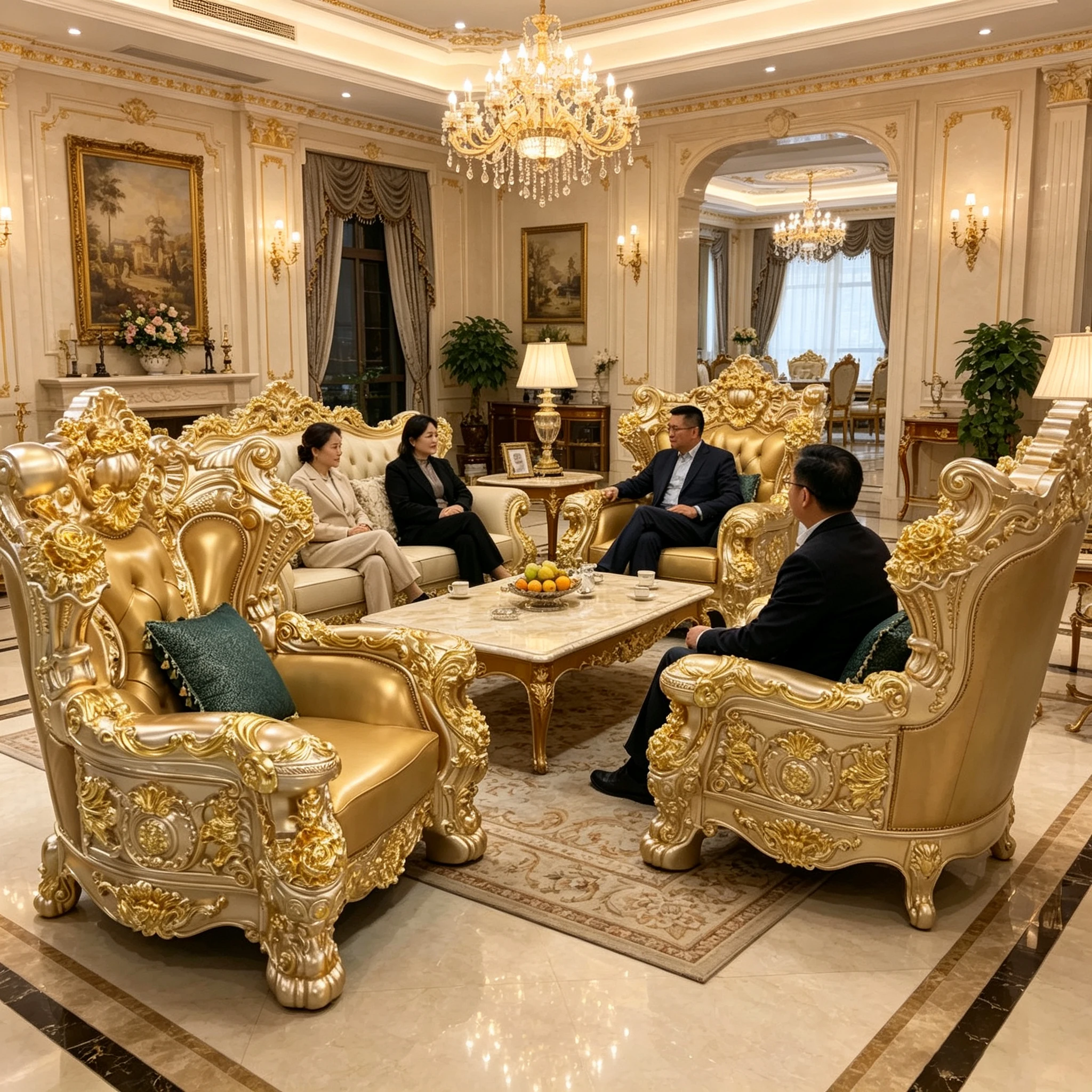 Z*-Customized European Luxury Gold Carved Solid  Tufted Leather Sofa Set for Living Room^