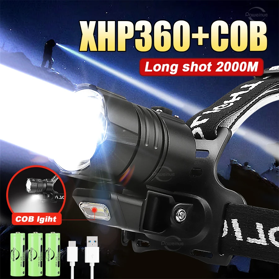 

XHP360 Powerful LED Headlamp USB Rechargeable Head Flashlight 300W Super Bright Headlight Waterproof Fishing Head Lamp Lantern