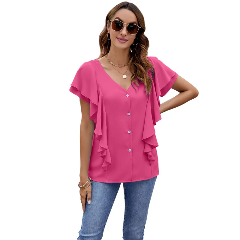 

ASDS-Womens Dressy Casual Tops V Neck Button Down Shirts Ruffle Short Sleeve Blouse