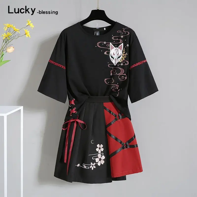 Japanese Dress Kimono Black For Women Printed Tops Embroidery Skirts Vintage Asian Clothing Party Anime Cosplay Harajuku Costume