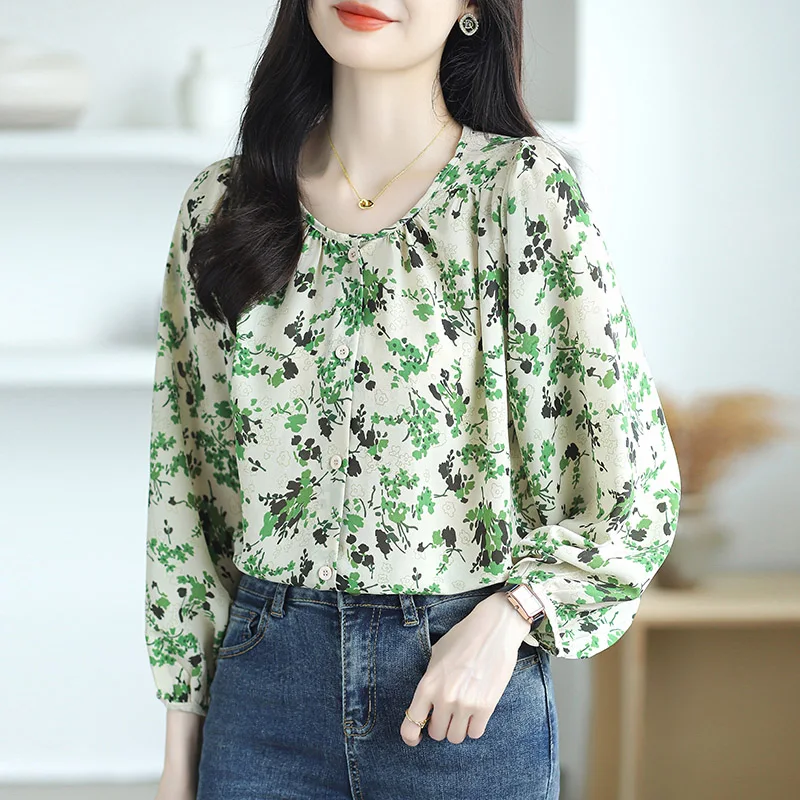 Autumn New Chic Print Long Sleeve Chiffon Shirt Women Clothing Casual Loose O-neck Button Blouses All-match Elegant Sweet Tops