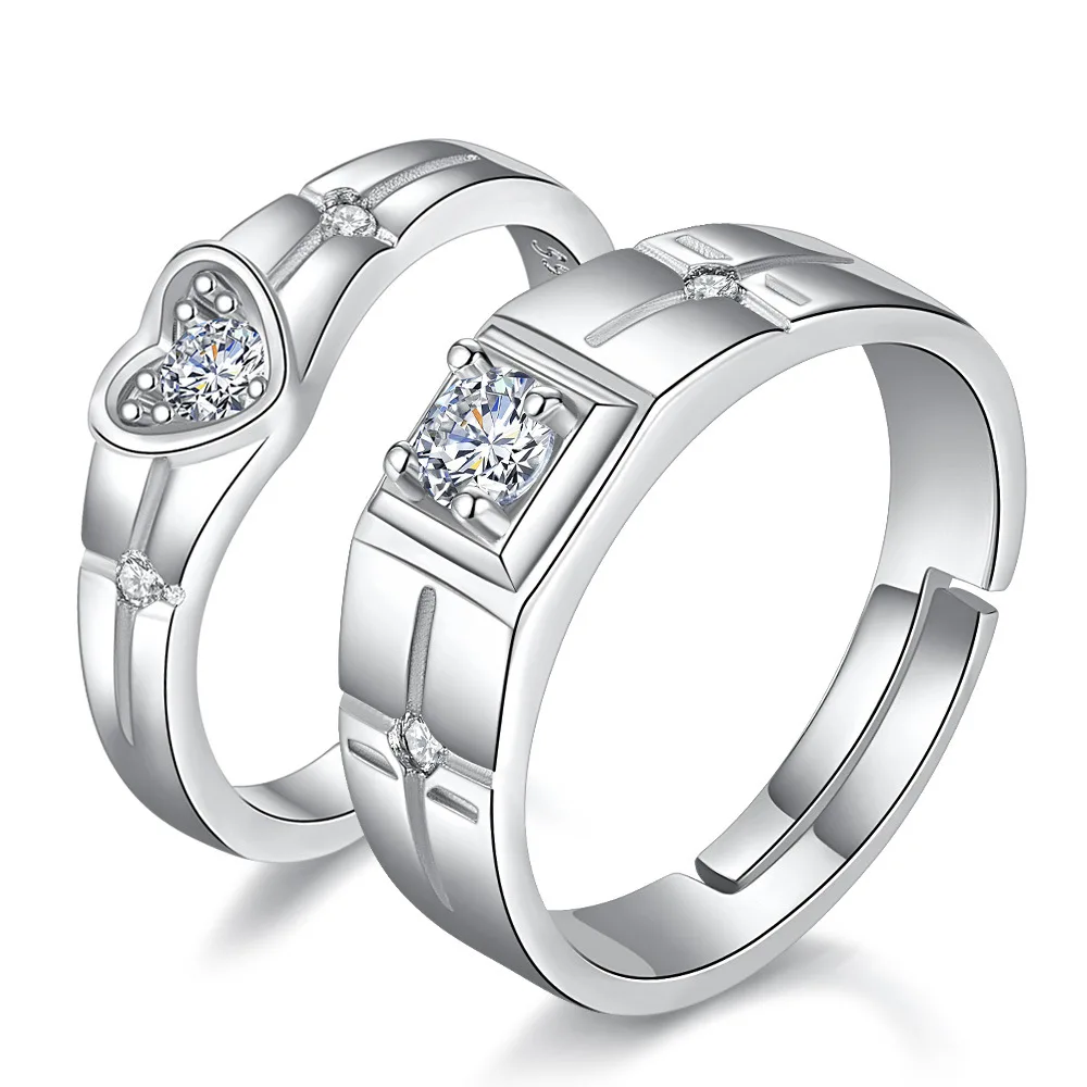 Group bague en argent regardé 925 pour hommes et femmes, coeur, carré, cristal, bague de couple, bijoux, nouveau, XY0390