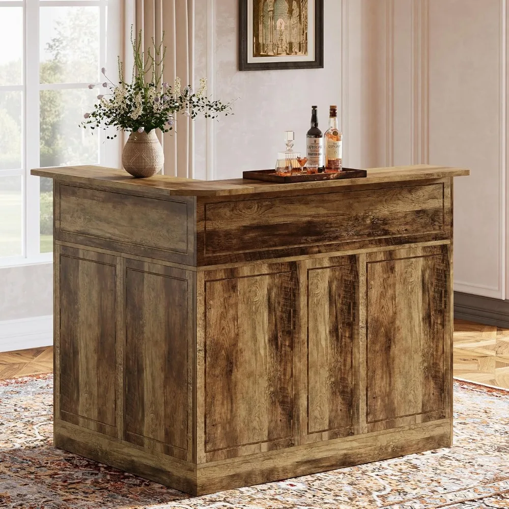 

Bar Cabinet, L-Shaped Home Table with Stemware Racks, 4-Tier Corner Unit Liquor Wine Table Reception Desk