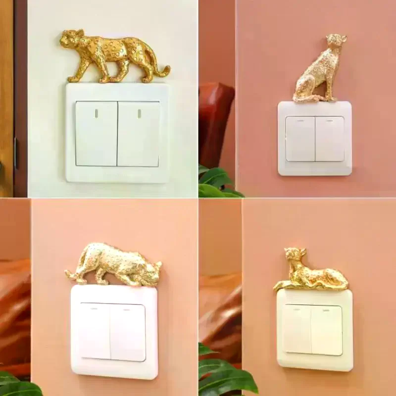 Leopard Light Switch Decoration Resin Leopard Figurine Self-Adhesive Detachable Wall Sticker Switch Ornament Home Decor