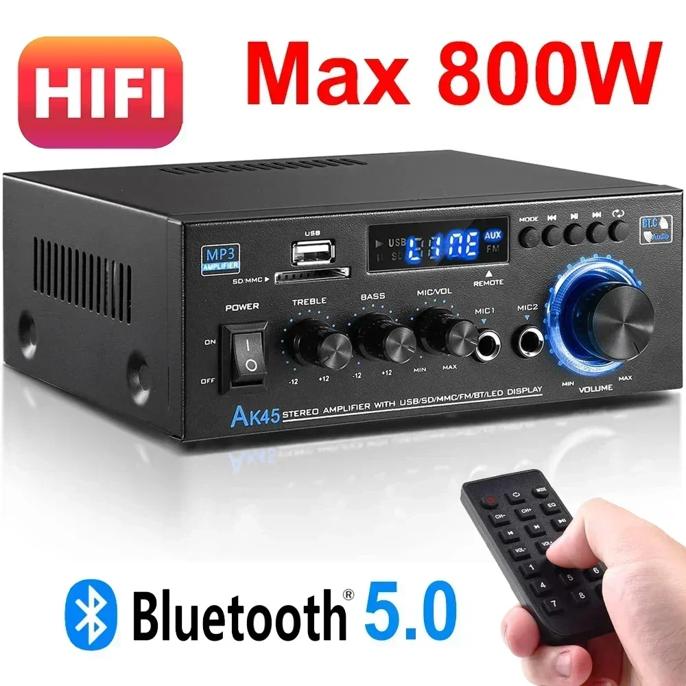 

AK45 800W Home Power Amplifiers 2.0 Channel Bluetooth 5.0 Surround Sound FM USB MIC Remote Control Mini HIFI Digital Amplifier