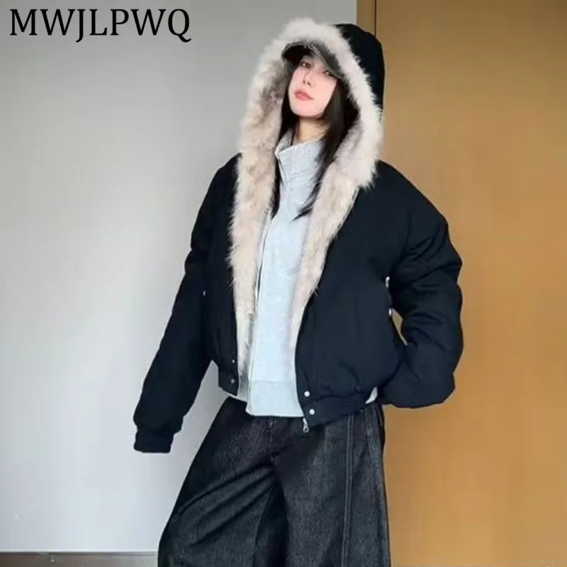 

MWJLPWQ American Style Thickened Hooded Jacket For Unisex Fur Collar Design Sense Retro Short Cotton Coats Autumn Winter 16512