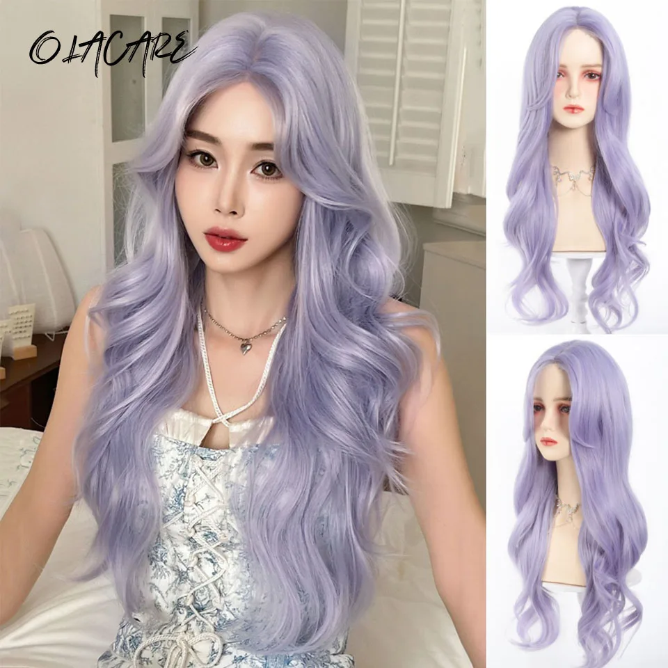 

Purple Gray Long Wavy Synthetic Lace Front Wigs Middle Part Natural Wave Wig Heat Resistant Cosplay Party Daily Hair Wig for Wom