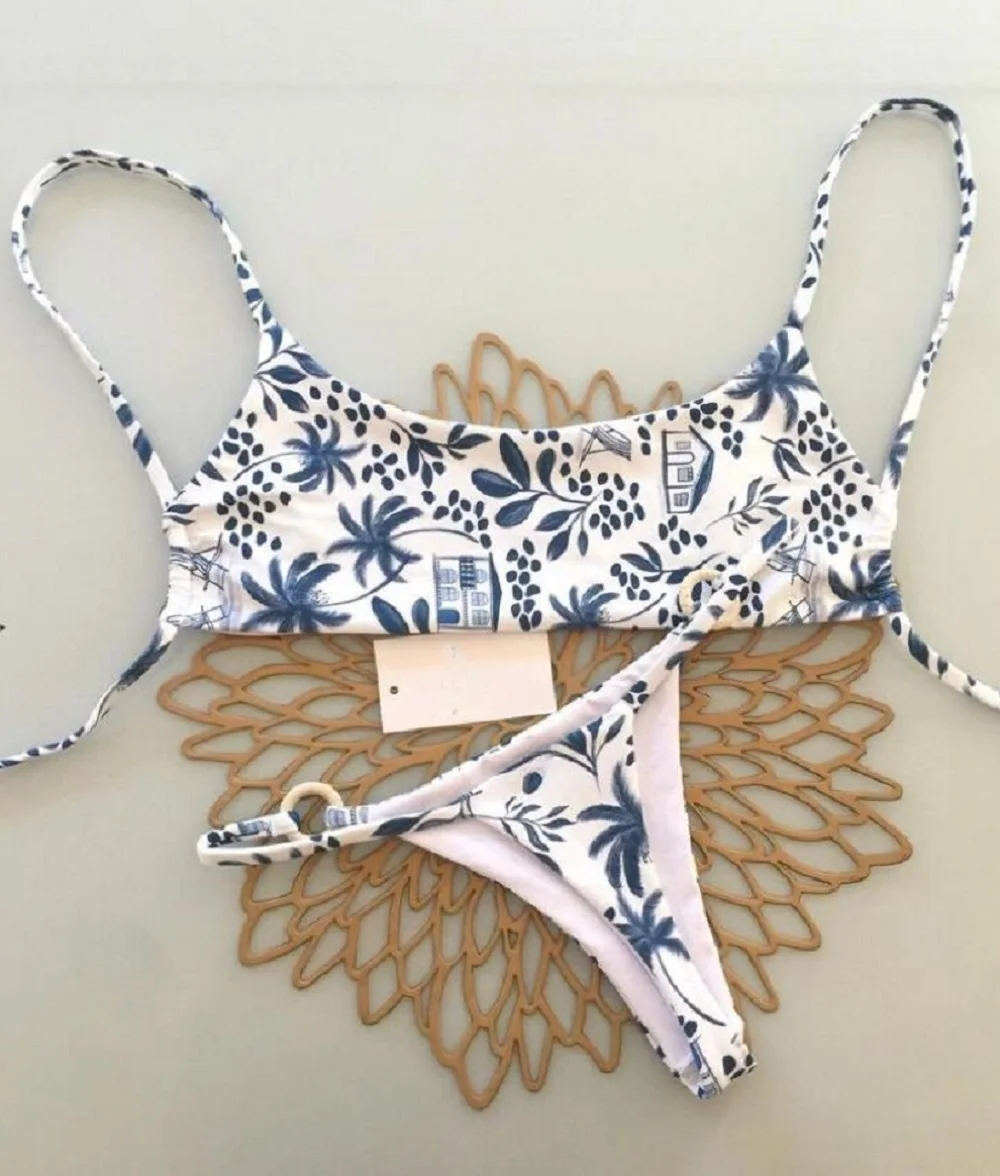 

Women's Knitted Bikini Set, Sexy Blue White Print Brazilian Triangle Two Piece Swimwear Swimsuit
