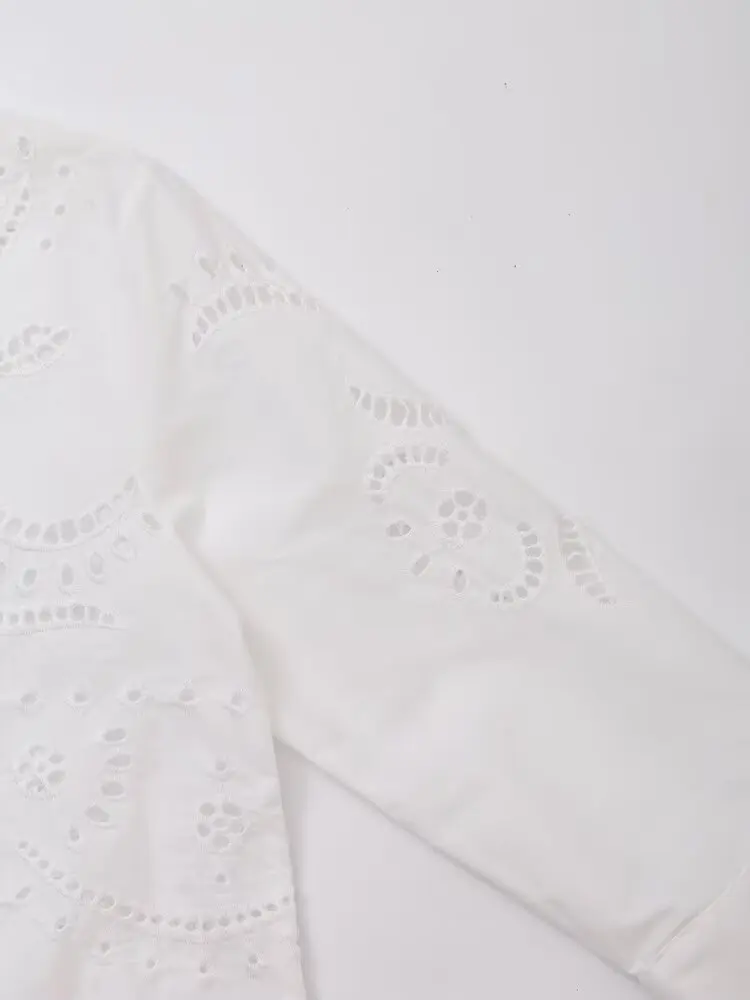 Dave&Di Minimalist Cotton Embroidered Hollowed Out Shirt Women Japanese Style Kimono Blouse Women Pullover Tops