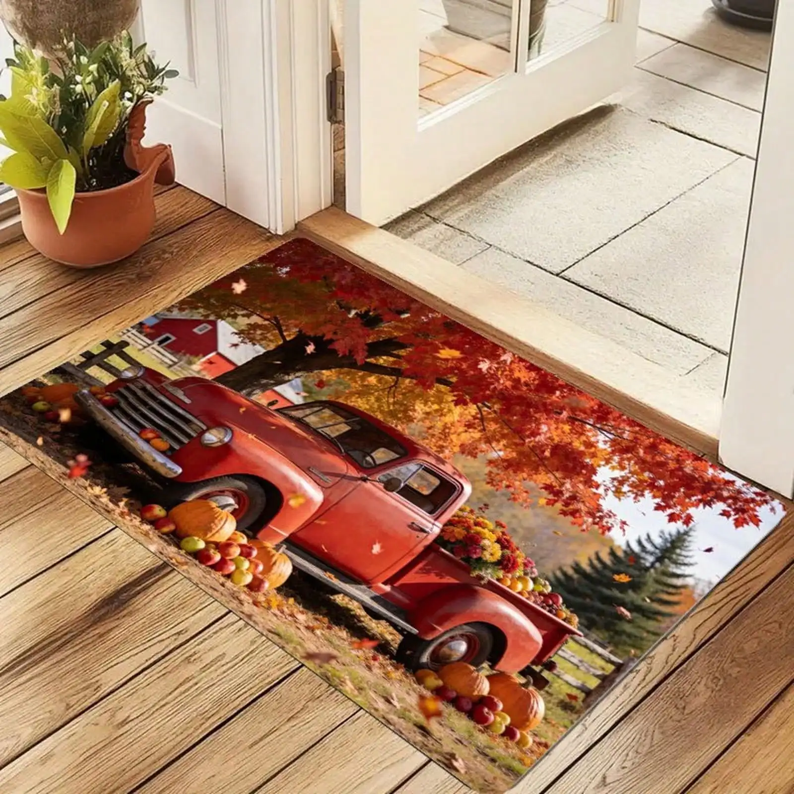 1pc Vintage Red Truck Autumn Harvest Maple Leaf Pumpkin Doormat, Made Of Flannel, Soft, Comfortable And Washable, Suitable For Porch Entrance, Living Room