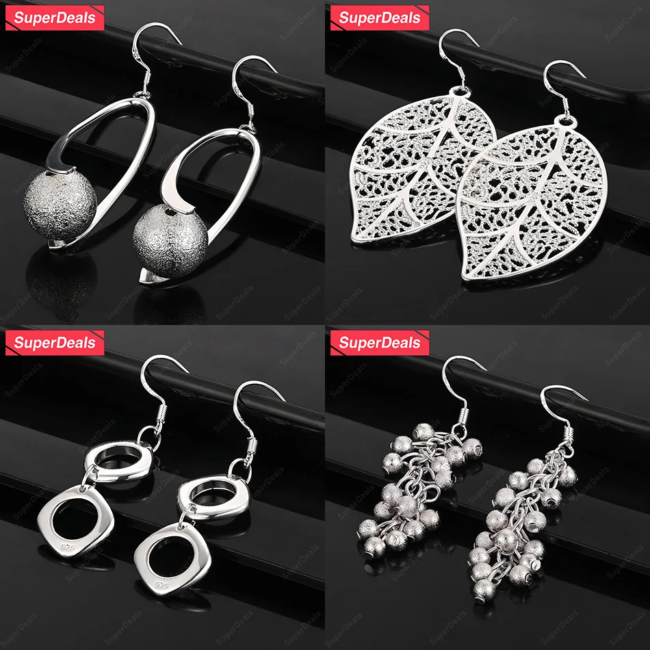 

SuperDeals 925 Sterling Silver Hollow Leaf Frosted Grape Beads Square Drop Earrings Women Engagement Party Fashion Trend Jewelry
