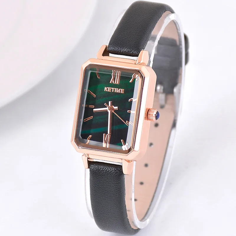 

Womens Fashion Watches Simple Black Green Quartz Watch Rectangular Dial Ladies Minimalist Design Leather Strap Watch часы gift