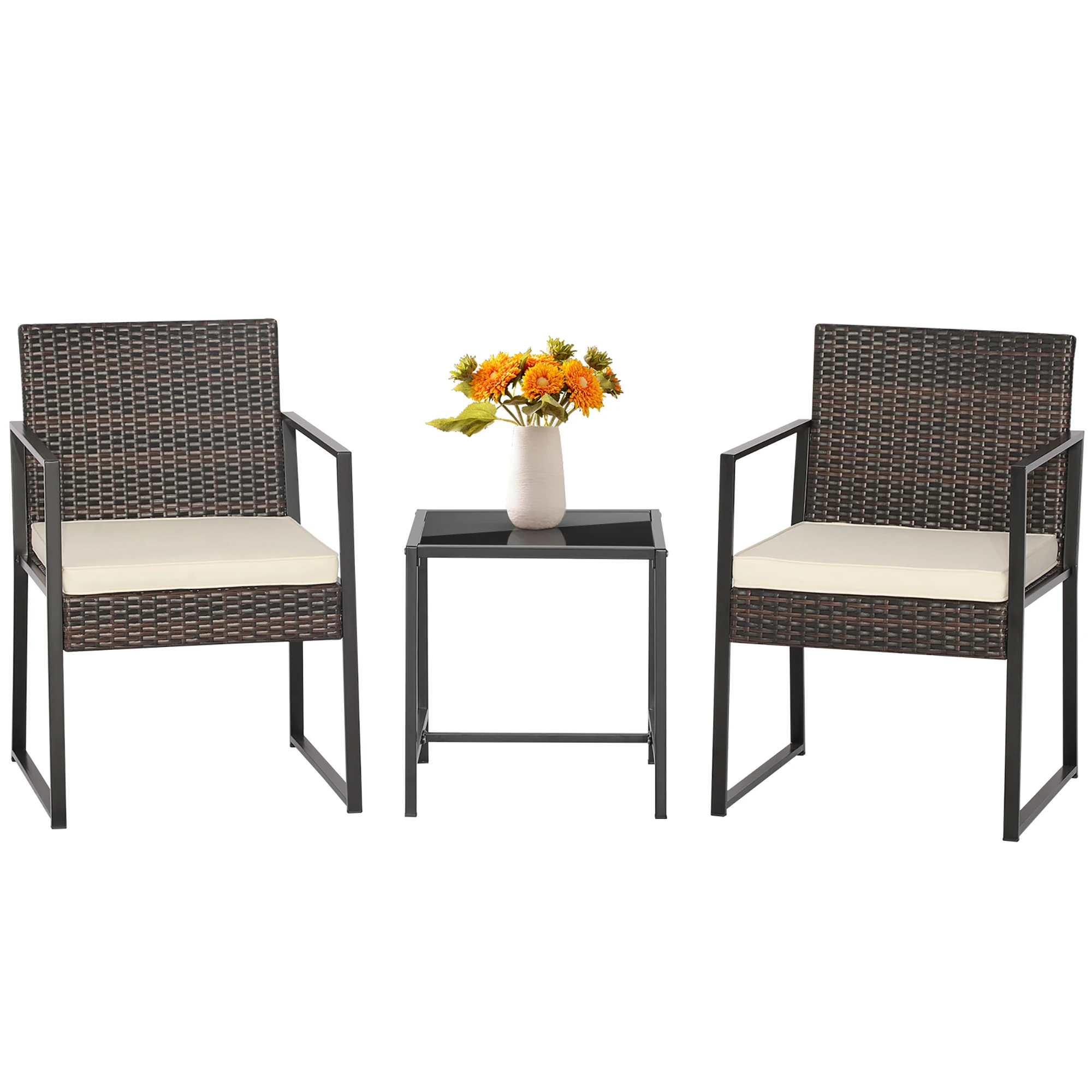 3pcs Patio Furniture Set Heavy Duty Cushioned Wicker Rattan Chairs Table Outdoor