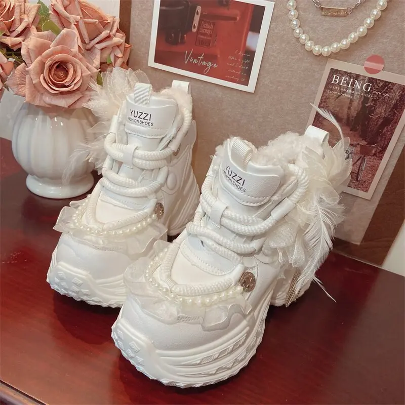 New Girls Original Handmade Creative Clunky Sneaker Warm Fleece Lined Custom Casual Shoes Height Increase Autumn Winter Sneakers