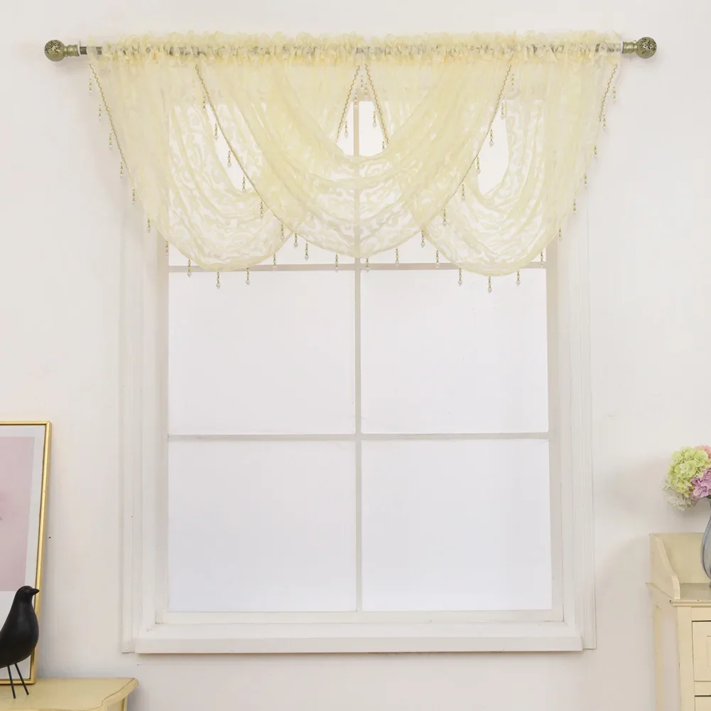 NAPEARL Transparent Sheer Waterful Valance for Living Room Window Curtains Home Beads Decoration Elegant Rod Pocket Short Drapes