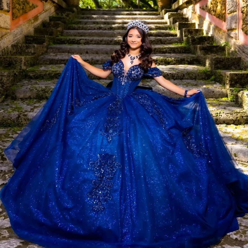 

Royal Blue Shiny Quinceanera Dresses Off The Shoulder Applique Lace Beading Crystal Bow Tull Corset Party Birthday Sweet 16 Dres