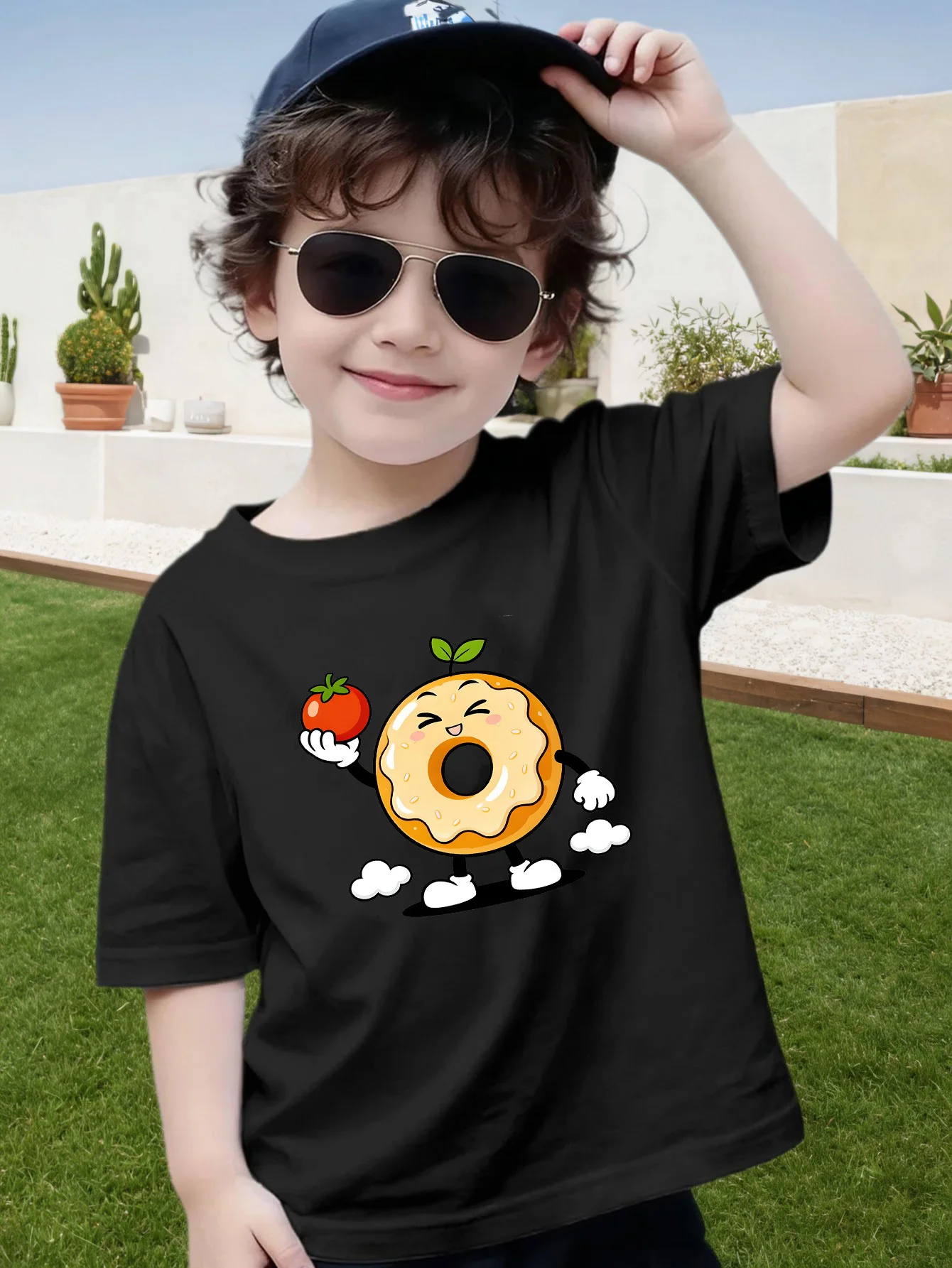 Cartoon Donut Holding Tomato Lovely Print Kids T Shirt Boys Girls Short Sleeve Cotton Family Matching Toddler Daily Casual Tops