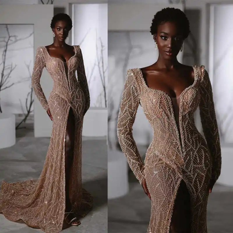 

Luxury Evening Dresses Long Sleeve Square Neck Mermaid Prom Gowns Beadeds Front Slit Customized Women Engagement Dresses