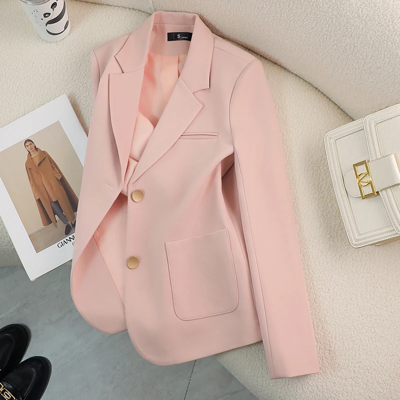 سترة نسائية أنيقة من ZJYT سترة عصرية على الطراز الكوري بياقة مقلوبة معطف غير رسمي لخريف جديد 2025 ملابس خارجية للسيدات للمكتب باللون الوردي