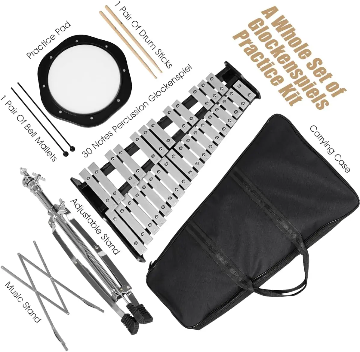 Percussion Glockenspiel Bell Kit 30 Notes with Carry Case, Practice Pad, Adjustable Height Stand, Bell Mallets, Wooden Sticks, M