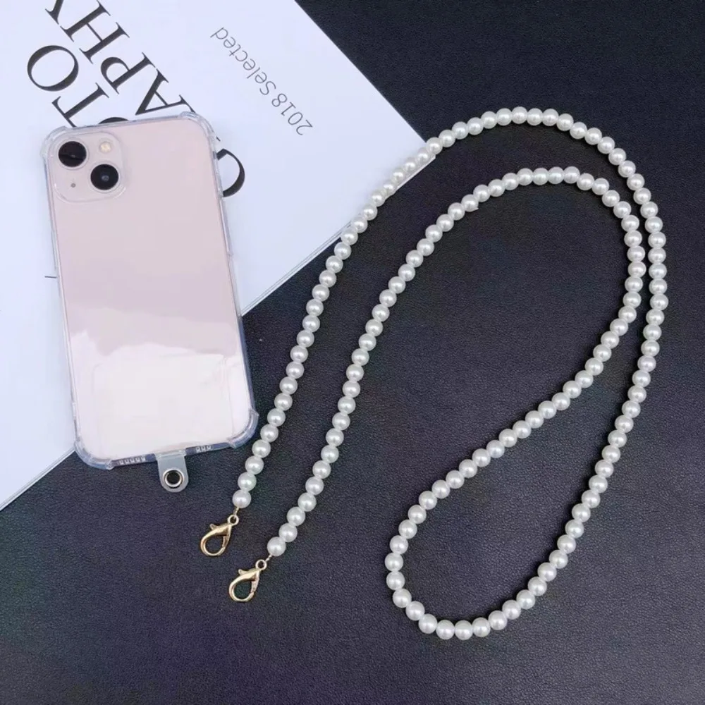 Anti Loss Pearl Crossbody Mobile Phone Chain 8MM Pearl Gold/silver Buckle Pearl Crossbody Cellphone Lanyard No Need for Punching