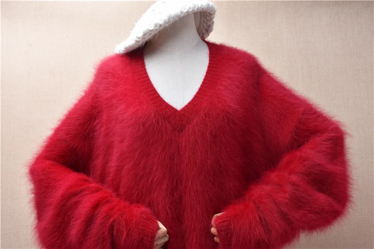 Women Mujer Autumn Winter Clothing Red Hairy Plush Mink Cashmere Knitted Long Sleeves V-Neck Loose Angora Fur Sweater Jumper Top