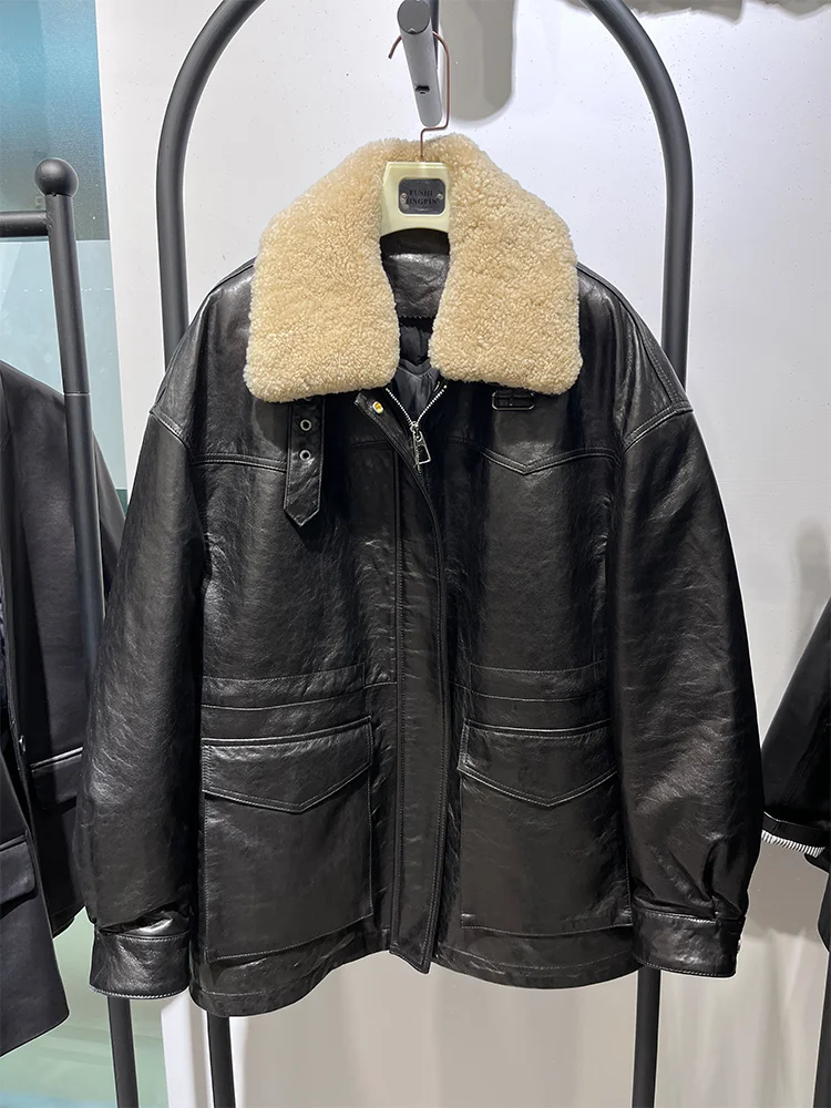 المرأة الدافئة أوزة أسفل سترة جلد الغنم الحقيقي سترة الطبيعية ميرينو الأغنام الفراء طوق معطف فاخر سترة منفوخة #5