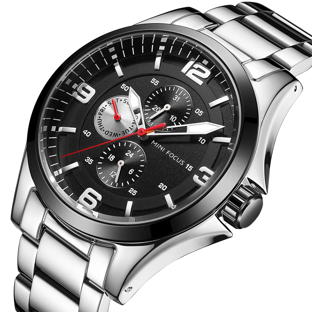 Latest MINI FOCUS MF0199G Men Luxury Business Wrist Watches Waterproof Big Dial Stainless Steel Band Quartz Watch