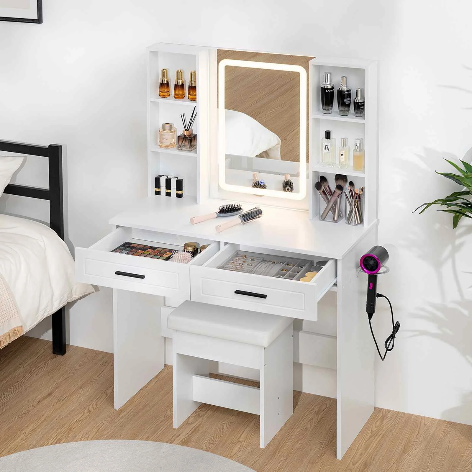 Modern Smple Style White Vanity Desk with LED Lighted Mirror Makeup Vanity Table with 2 Drawers and 6 Open Shelves for Bedroom