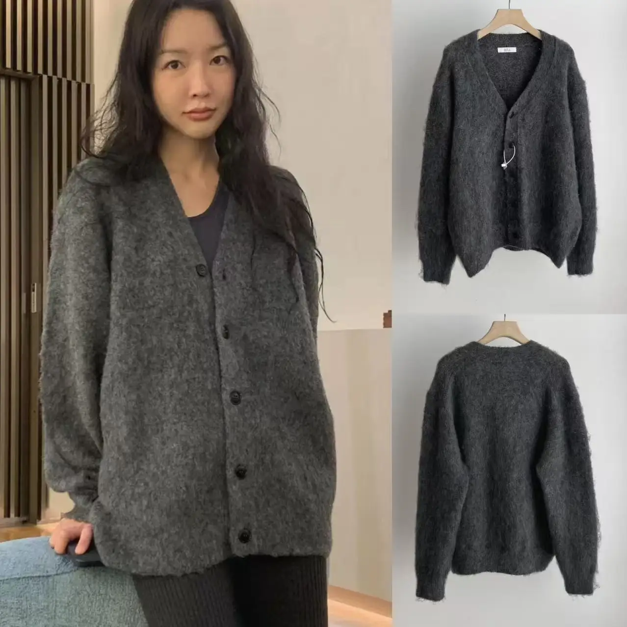 

Мягкий длинный свитер Plu, пальто с v-образным вырезом на пуговицах, свободный крой, осень-зима, Новое поступление, Dongdaemun Baby Sauce, корейский женский нож...