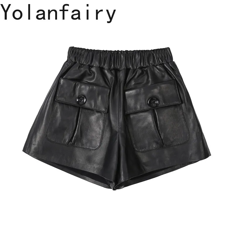 

YOLANFAIRY Women Wide Leg Genuine Sheepskin Leather Shorts Elastic Waist Loose Casual Real Leather Bootcut Pants Black Shorts