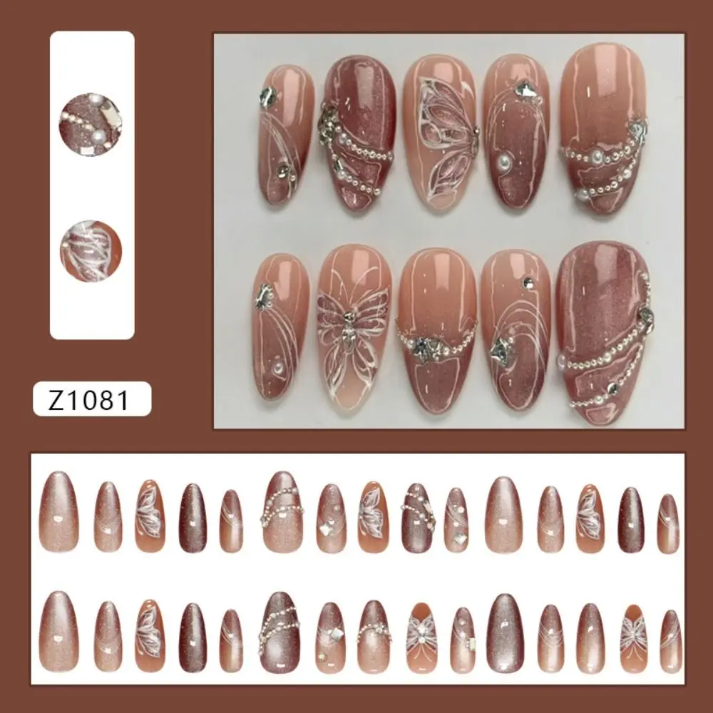 

30pcs Long Almond False Nails French Cat Eye Gradient Butterfly Line Fake Nials Love Heart Cherry Detachable Nail Tips DIY